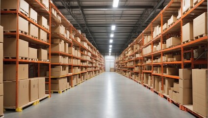 Obraz premium Rows of shelves with boxes in modern warehouse. Generative AI.