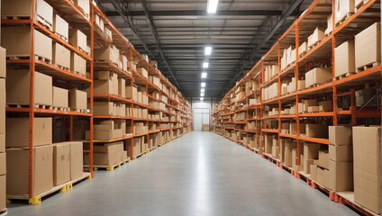Rows of shelves with boxes in modern warehouse. Generative AI.