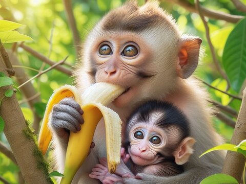 A female monkey with her child eats bananas