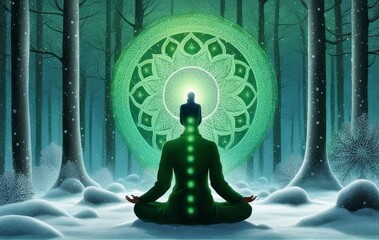 Surreal Lotus Meditation: Figure on Floating Lotus in Vast Green Void, Radiant Energy Centers Emit Calming Glow. Inner Balance and Spiritual Connection Captured in Artwork. Adobe Stock.
