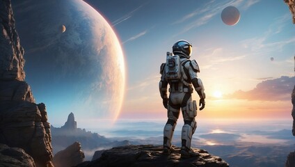 Female Explorer on a Breathtaking Alien Planet. Generative AI