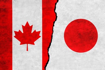 Japan and Canada painted flags on a wall with a crack. Japan and Canada relations. Canada and Japan flags together