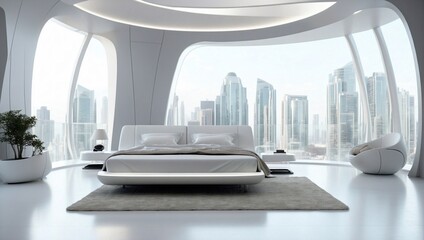 Interior of a futuristic minimalist style room in light colors. Generative AI