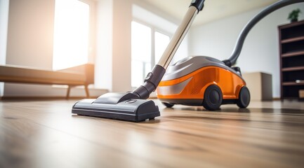 Close-up of vacuum cleaner during cleaning dusty floor