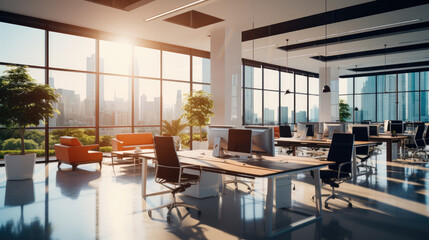 Fototapeta na wymiar A brightly lit modern office space with premium office furniture.