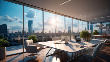 Beautiful room of a light modern office interior with panoramic windows and beautiful lighting.
