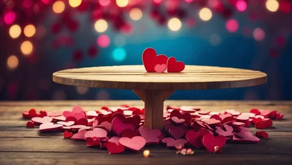 Fotobehang Wooden table on a bokeh background of hearts. Saint Valentine concept. AI Generative. © CZALBERTO
