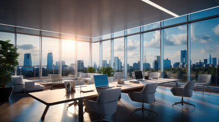 Fototapeta premium Beautiful room of a light modern office interior with panoramic windows and beautiful lighting.