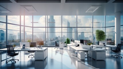 Fototapeta na wymiar Modern office with desks, Screens and large windows.