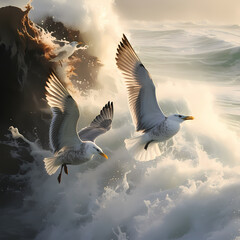 A group of seagulls soaring over crashing waves.