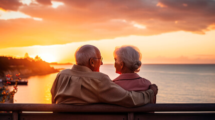 Older married couple sitting on a bench talking while the sun is setting in the distance over an ocean bay - obrazy, fototapety, plakaty