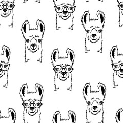 Hand drawn funny portrait of cute llama with glasses. Black and white line seamless pattern on white background. © Elena