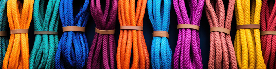 Multicolored climbing ropes for climbing in window of climbing equipment store - obrazy, fototapety, plakaty