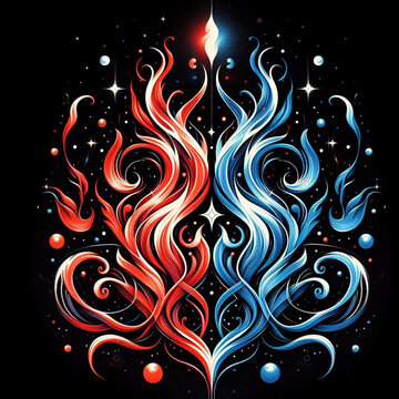 Orange and blue flame. Twin flame logo. Illustration on black background for web sites and much more