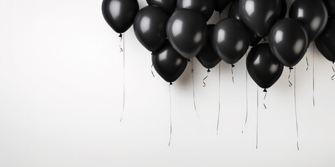Set against a stark empty space, black balloons elegantly float, creating a captivating visual ideal for holiday shopping sales designs or mockups.