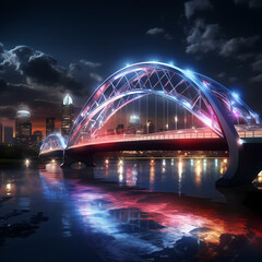 Fototapeta na wymiar A modern bridge spanning a river illuminated by the lights of the city