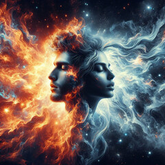Twin flame couple. Soulmates. The concept of magical, esoteric, tantric, spiritual love. Connection between souls. Illustration for websites and much more. Created using generative ai tools - obrazy, fototapety, plakaty