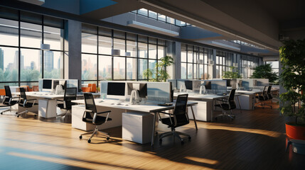 Open office area, The ground is dark wooden floor and desks and chairs.
