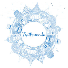 Obraz premium Outline Kathmandu Nepal City Skyline with Blue Buildings and Copy Space. Kathmandu Cityscape with Landmarks. Business Travel and Tourism Concept with Historic Architecture.