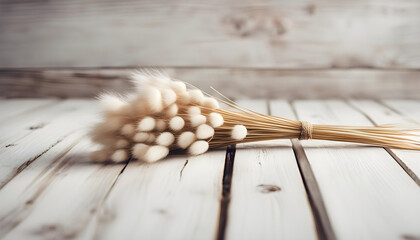 Cute dried bunny tail grass on white wooden plank floor vintage style. - obrazy, fototapety, plakaty