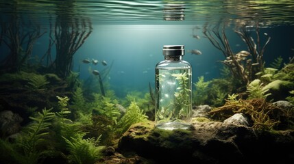 Bottle cosmetic skincare underwater and algae.