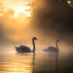 A pair of swans gliding gracefully across a misty lake.