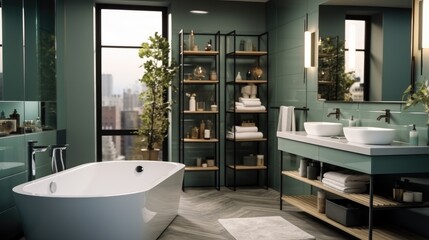 Fototapeta na wymiar Large bathroom, Minimalist expensive modern interior, Green colors.