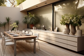 Naklejka premium Modern beige kitchen along wall leading to sliding door with outdoor area, Modern simplicity.
