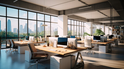 Fototapeta premium Small business office with startup workspaces and modern furniture, Professional open space used for company work and meetings.