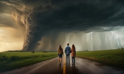 Image of of two people who are afraid of a raging tornado behind them. Ensure high resolution, 8K image, realistic. - obrazy, fototapety, plakaty