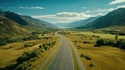 Drone view of an empty paved road in green meadows, Mountains on a sunny day, Beautiful landscape with a roadway.