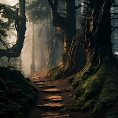 A pathway through a misty forest with ancient trees
