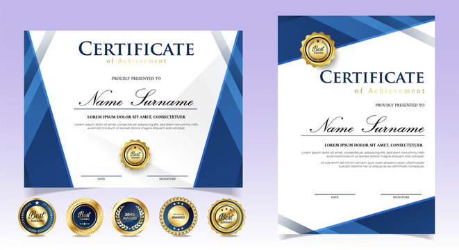 Modern blue certificate template with golden badges. vector