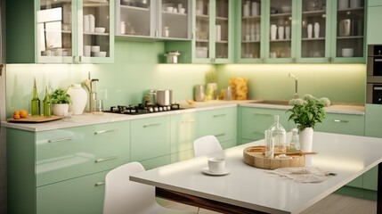 Fototapeta na wymiar Modern Light green kitchen.