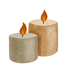 Two candles. Traditional home interior element for seasonal decoration, print, poster, stickers, greeting or holiday card. Hand drawn illustration isolated on white
