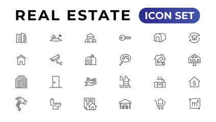 Real Estate minimal thin line web icon set. Included the icons as realty, property, mortgage, home loan and more. Outline icons collection.