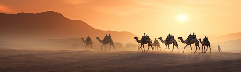 Camels in desert . Beautiful landscape banner	