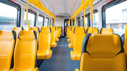 Interior design of a modern bus. Empty bus interior. Public transport in the city. Passenger transportation. Bus with blue seats and yellow handrails. - obrazy, fototapety, plakaty