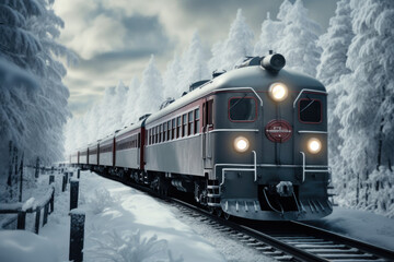 A train traveling through a snow covered forest.