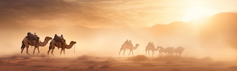Fototapeta na wymiar Camels in desert . Beautiful landscape banner 
