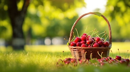Ripe cherries in a wicker basket on sunlit grass in a park