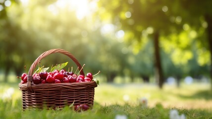 Basket of cherries in sunlight with a blurred park background