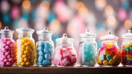 Variety of colorful candies in glass jars on a shelf