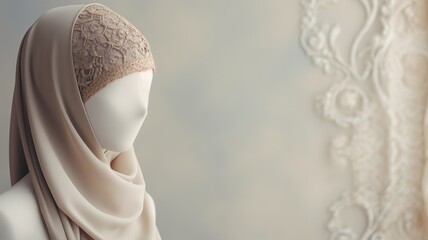 Elegant mannequin displaying a beige lace hijab