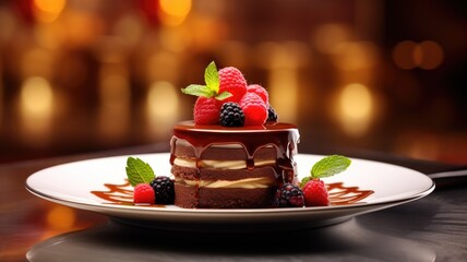 Layered chocolate dessert adorned with berries on a plate
