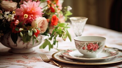Fine china teacup set on a table with a vibrant floral arrangement