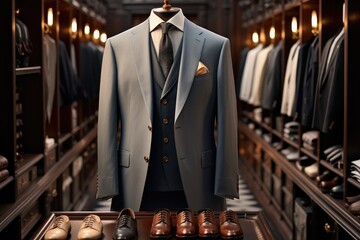 A luxurious walk-in closet, Treasure trove of sartorial elegance, A finely tailored suit jacket takes pride of place, Boutique shop. - obrazy, fototapety, plakaty
