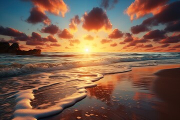 Beautiful sunset tropical paradise beach, Tranquil summer vacation or holiday landscape.