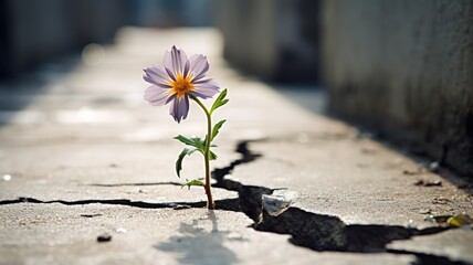 A purple flower emerging from a crack in the pavement