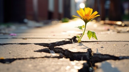 A single yellow flower growing through concrete cracks